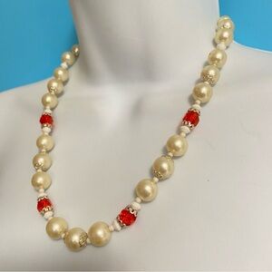 Vintage Necklace Faux Acrylic Pearl & Faceted Orange Beads Grannycore